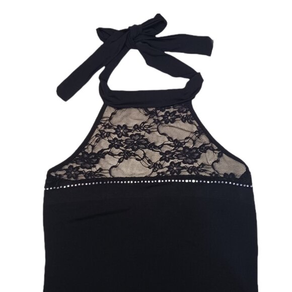 Y2K Body Central Womens Small Halter Top Black Semi Sheer Lace & Rhinestone - Picture 2 of 10